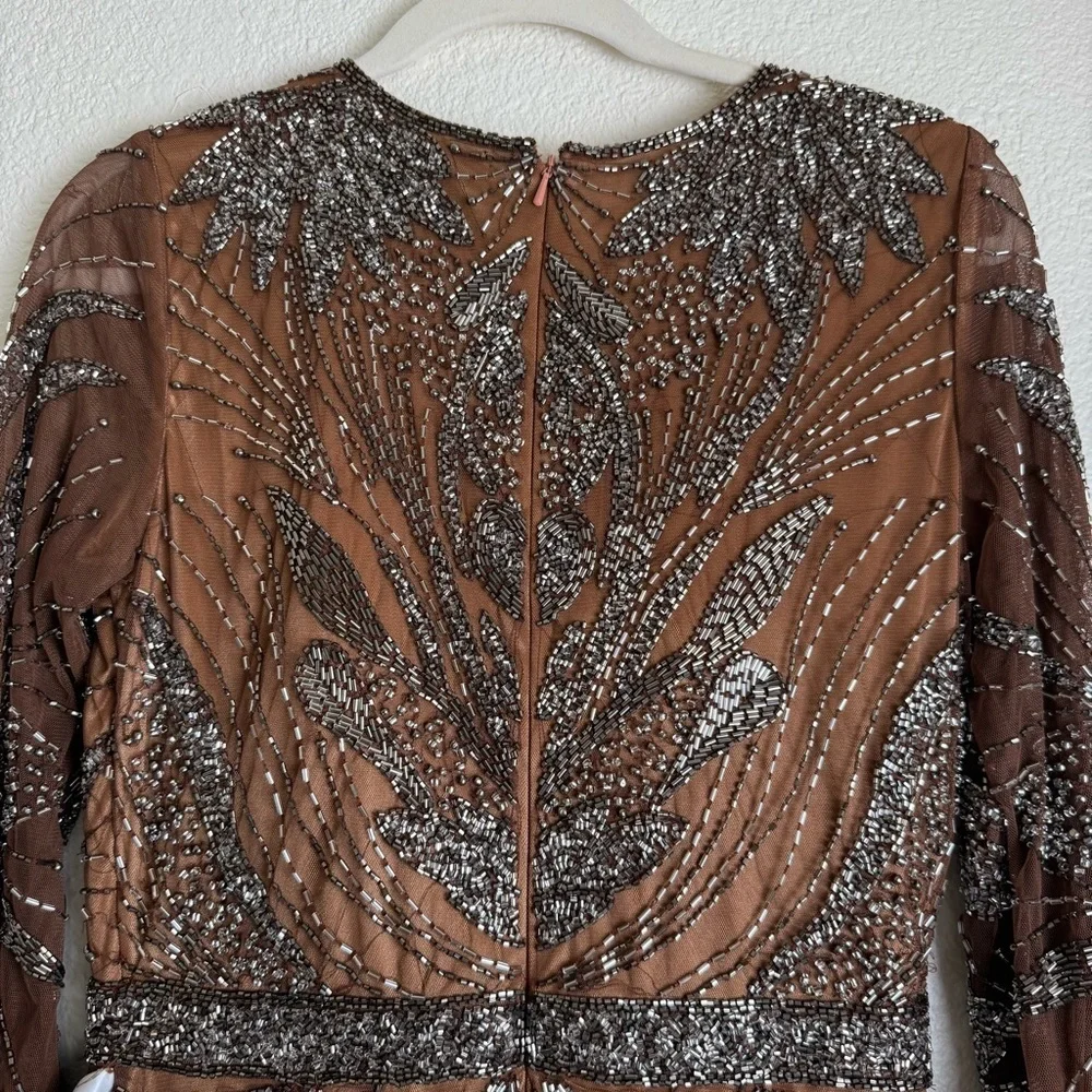 Mac Duggal Mocha Brown Beaded Long Sleeve Tulle Midi Cocktail Dress - Picture 12 of 14